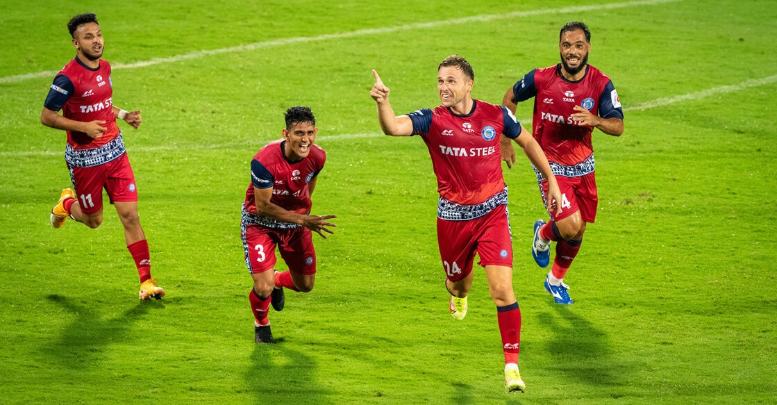 Greg Stewart, second right, celebrates the opening goal. Photo: ISL