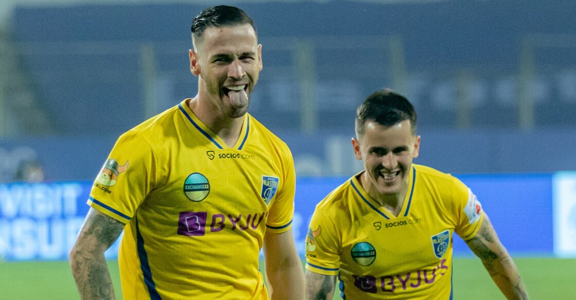 Alvaro Vazques is delighted after scoring Blasters' second goal. Photo: ISL