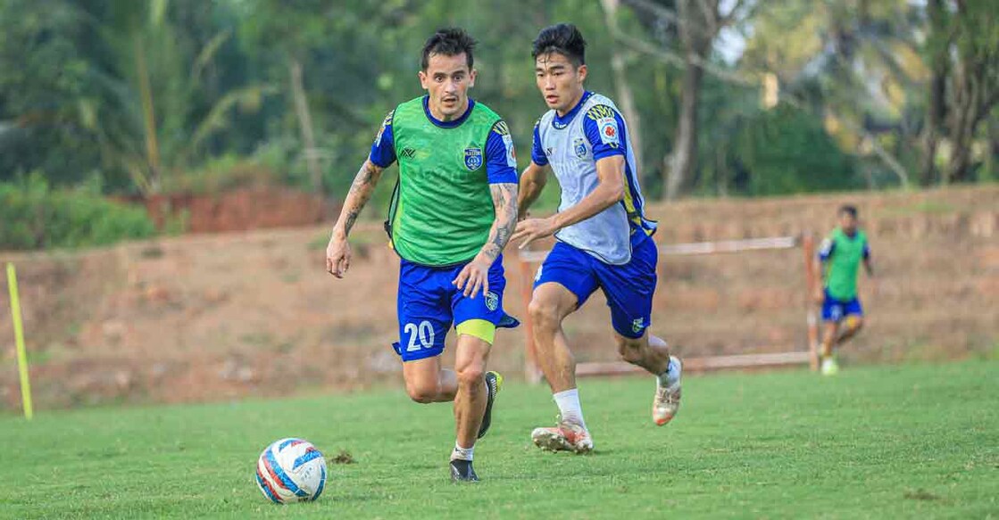 Kerala Blasters players Adrian Luna (left) and Ruivah Hormipam during training. Photo: Special Arrangement