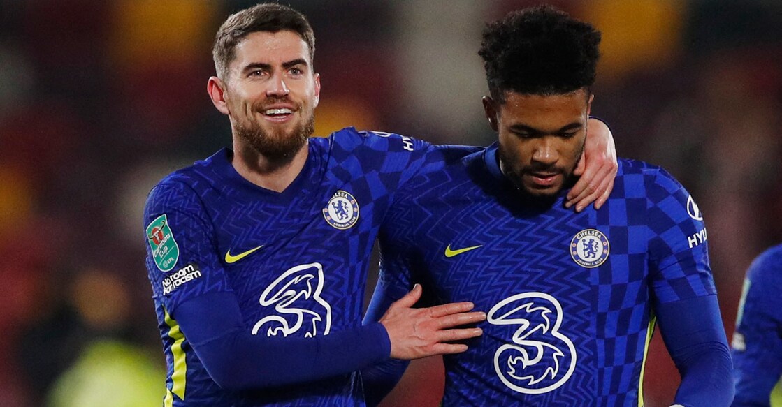 Chelsea's Jorginho and Reece James celebrate after the match. Photo: Action Images via Reuters/Paul Childs