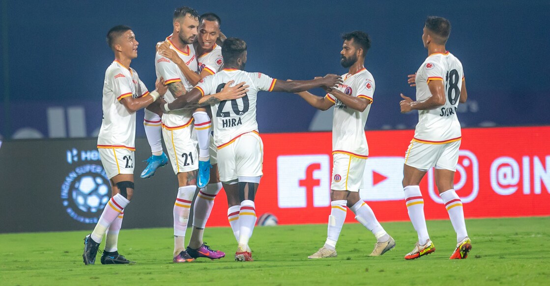 SC East Bengal players celebrate scoring the opening goal of the match. Photo: ISL