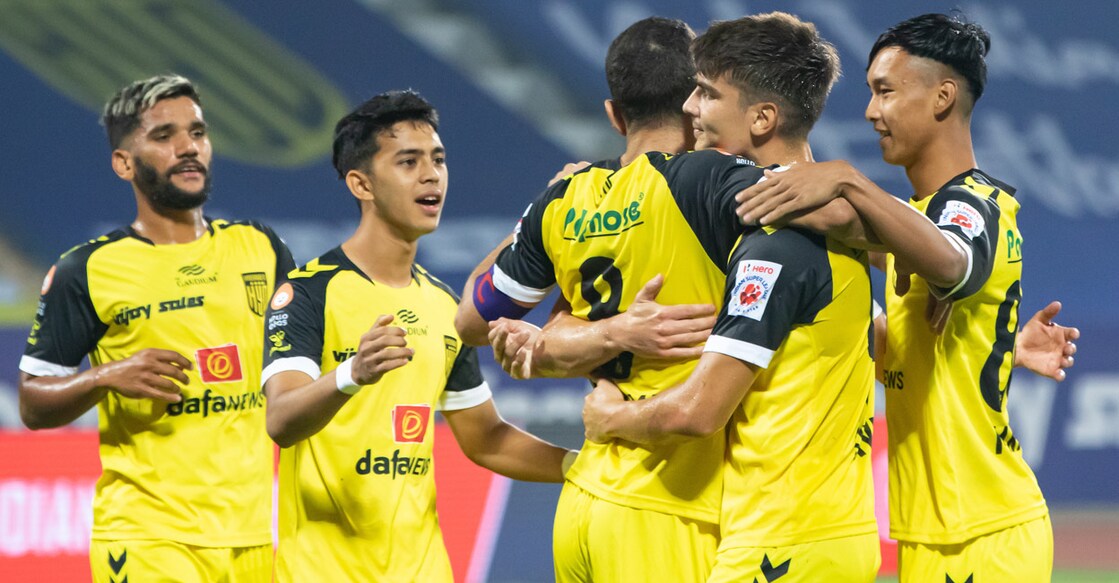 Hyderabad FC players celebrate a goal against Odisha FC. Photo: ISL 