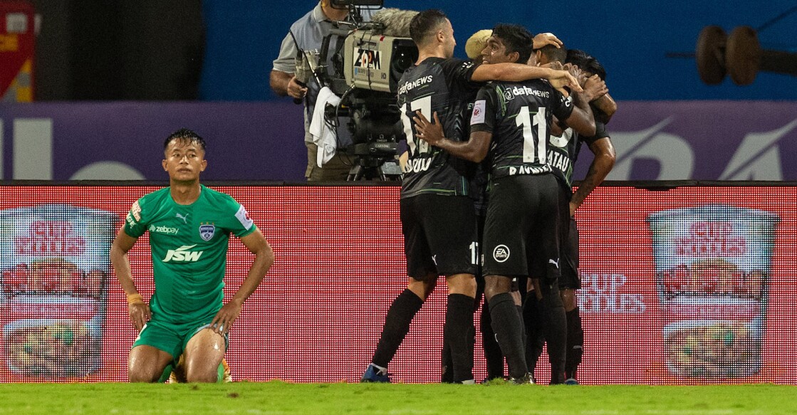 Mumbai City FC players celebrate a goal against Bengaluru FC. Photo: ISL