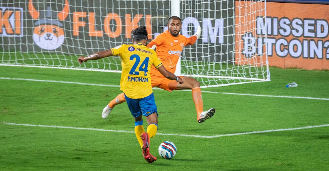Prasanth K scores Kerala Blasters' second goal against Odisha FC. Photo: ISL 
