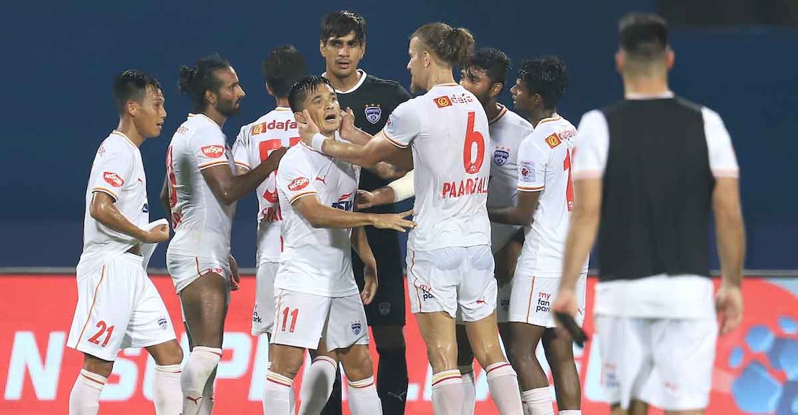 Bengaluru FC players celebrate after their win against Mumbai City FC