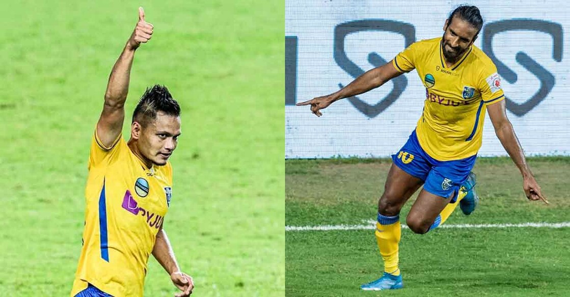 Nishu Kumar and Harmanjot Khabra celebrate their goals for Kerala Blasters against Odisha. Photos: Twitter/ @IndSuperLeague