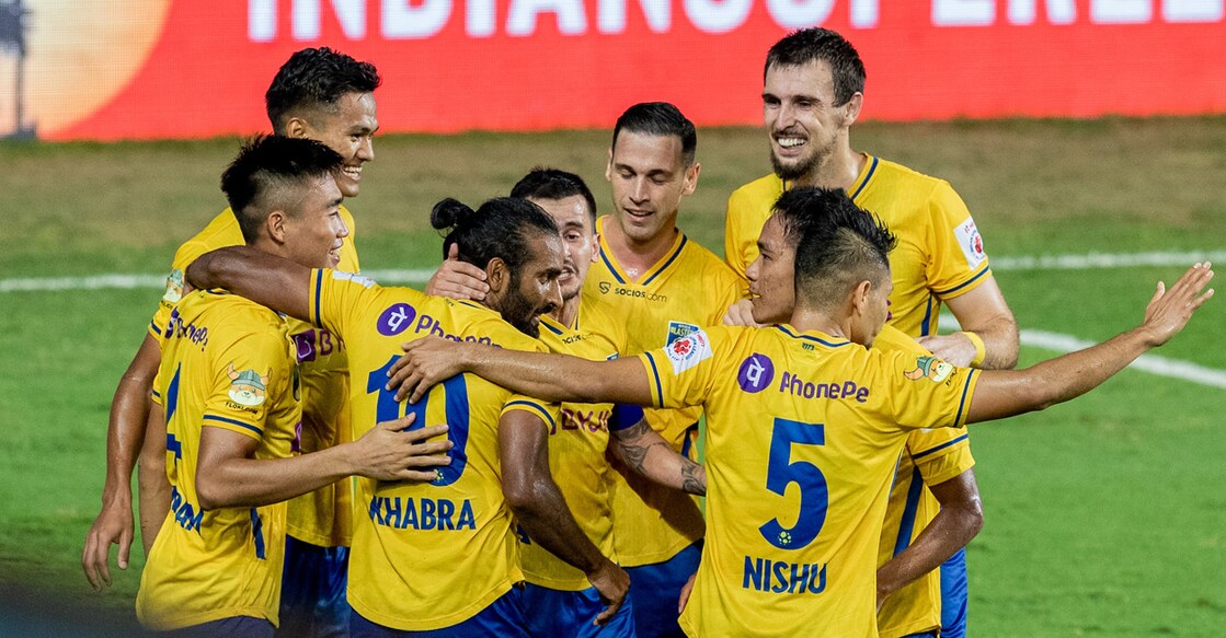 Kerala Blasters players are ecstatic after scoring a goal against Odisha FC. Photo: ISL