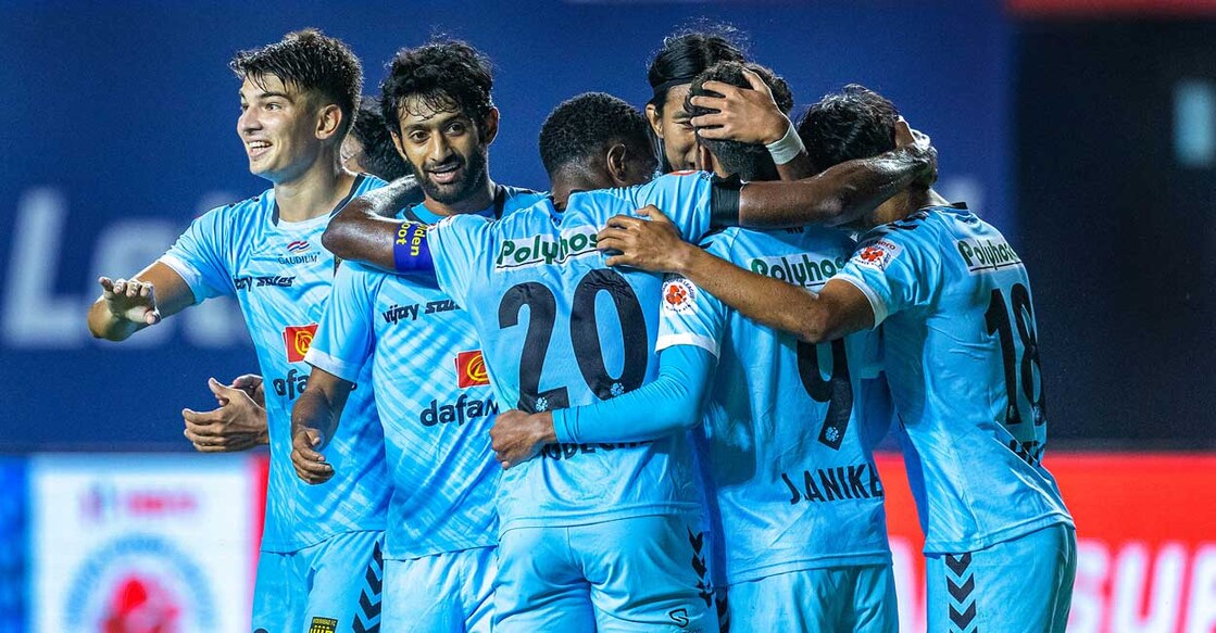 Hyderabad FC players celebrate after scoring a goal during match 70 of season 8 of Indian Super League football tournament between SC East Bengal and Hyderabad FC, at the Tilak Maidan Stadium, in Goa, Monday, Jan. 24, 2022. PTI