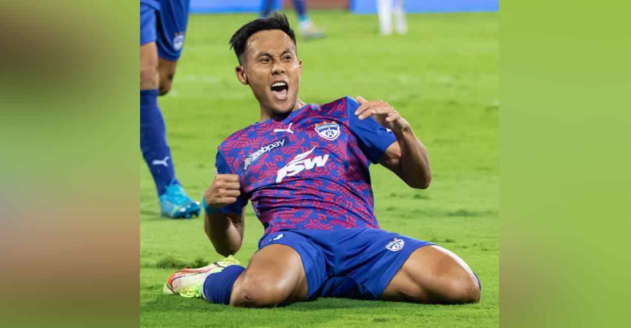 Bengaluru's Udanta Singh celebrates a goal against Chennaiyin in an Indian Super League match on Wednesday. Photo: Twitter/ @IndSuperLeague