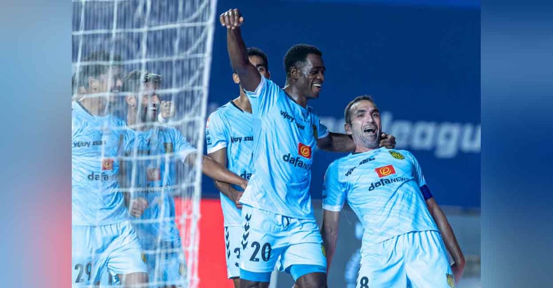 Hyderabad FC Joao Victor (right) celebrates his goal with teammates. Photo: Twitter/ @IndSuperLeague