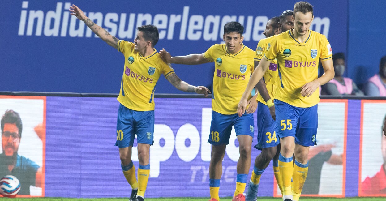 Kerala Blasters players celebrate a goal against FC Goa. Photo: ISL