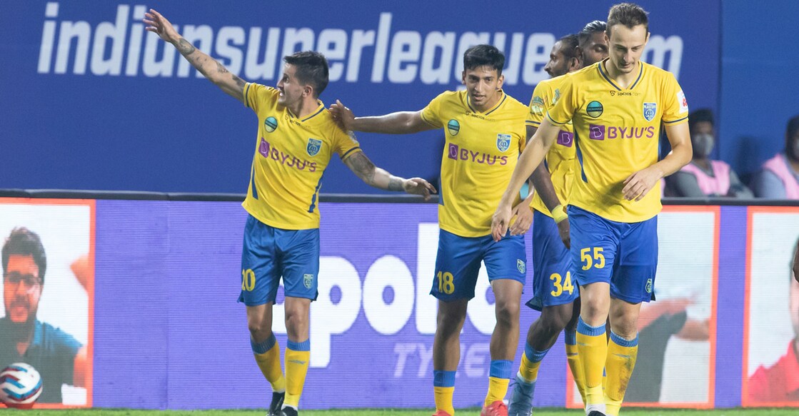 Kerala Blasters Kerala Blasters players celebrate a goal against FC Goa. Photo: ISL
