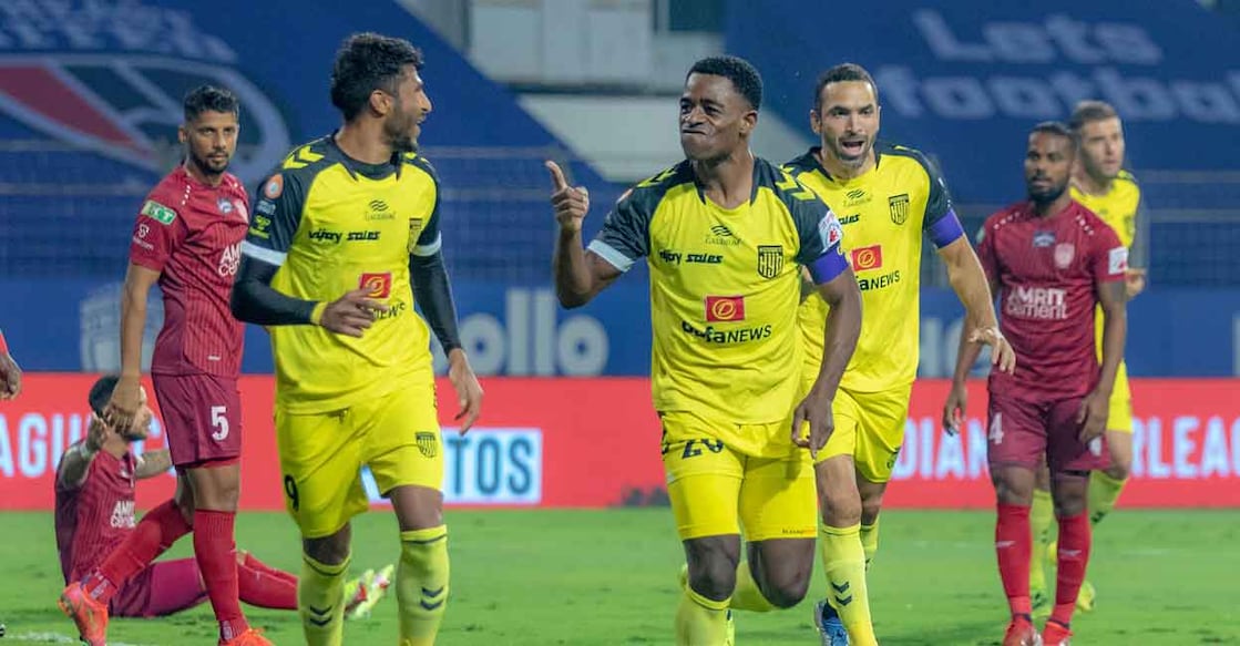 Bartholomew Ogbeche (C) of Hyderabad FC celebrates with teammates after scoring a goal (ISL)