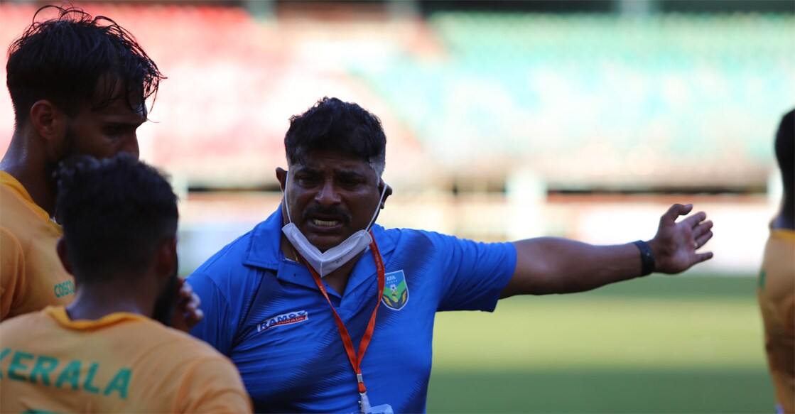 Kerala head coach Bino Geroge shouts out instructions to his players. File photo: KFA
