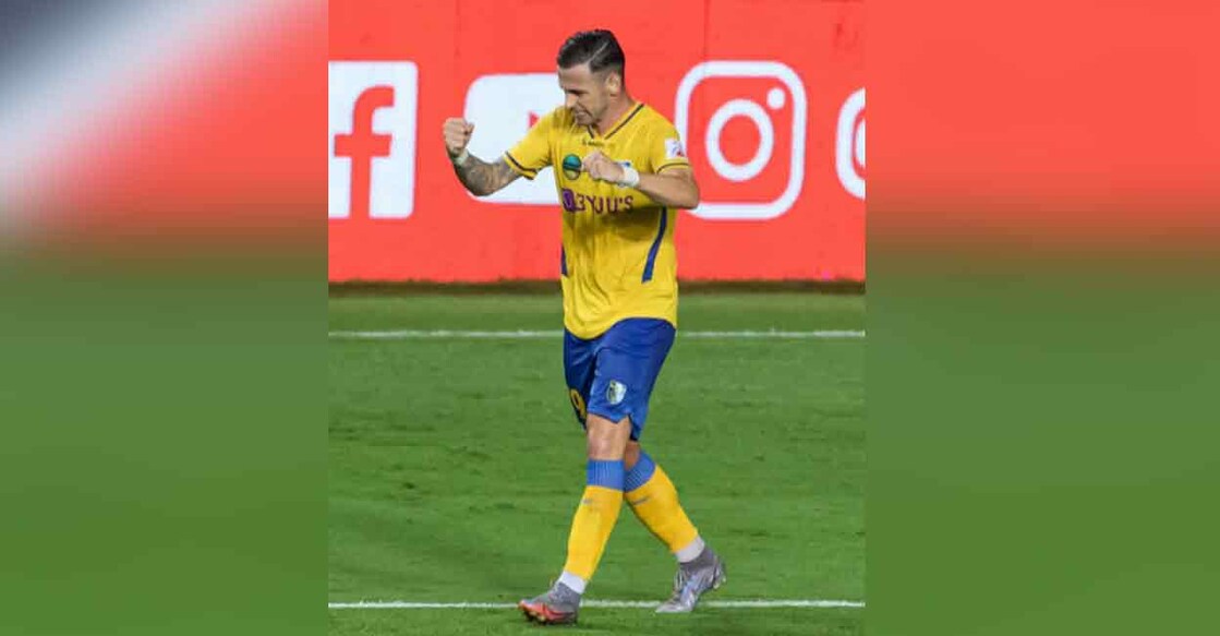 Alvaro Vazquez celebrates after scoring for Kerala Blasters against Hyderabad FC. Photo: Twitter/ @IndSuperLeague