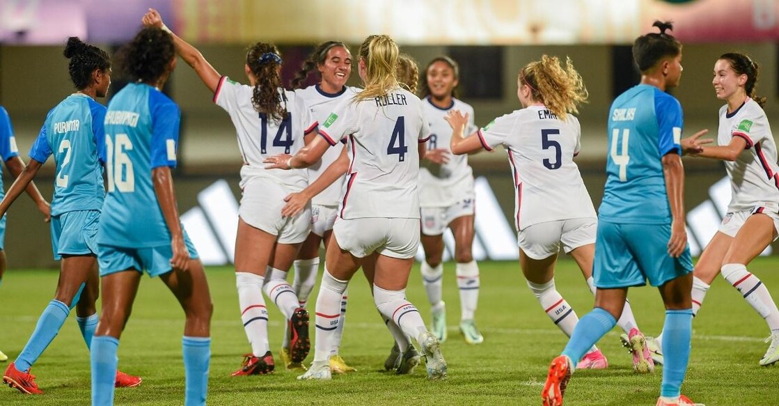 Melina Rebimbas (14) of USA celebrates with teammates after scoring the first goal against India during their match at FIFA U-17 Women's World Cup 2022 at Kalinga Stadium, in Bhubaneswar, October 11, Tuesday, 2022. Photo: PTI