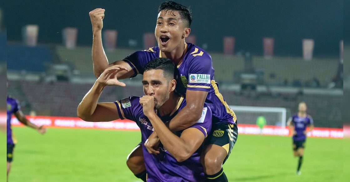 Hyderabad's Borja Herrera celebrates his goal with teammate Mohammad Yasir. Photo: ISL 