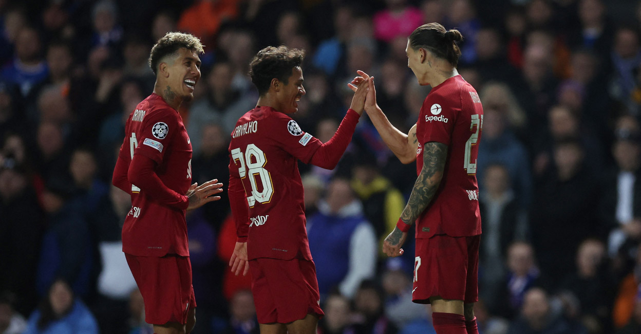liverpool-main Liverpool's Darwin Nunez celebrates scoring their third goal with Fabio Carvalho and Roberto Firmino during the match on Wednesday. Photo: Reuters/Lee Smith