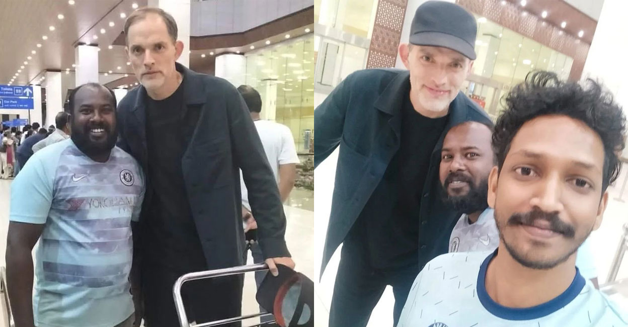 Thomas Tuchel strikes a pose for his fans in Kochi. Joby John (left) and Anoop were thrilled to meet the celebrated football manager at the Nedumbassery Airport in Kochi in the wee hours on Wednesday. Photos: Special arrangement