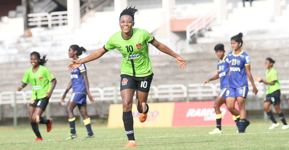 Gokulam Kerala's Vivian Konadu Adjei celebrates a goal against Kerala Blasters at the EMS Corporation Stadium in Kozhikode on Thursday. Photo: Special arrangement 
