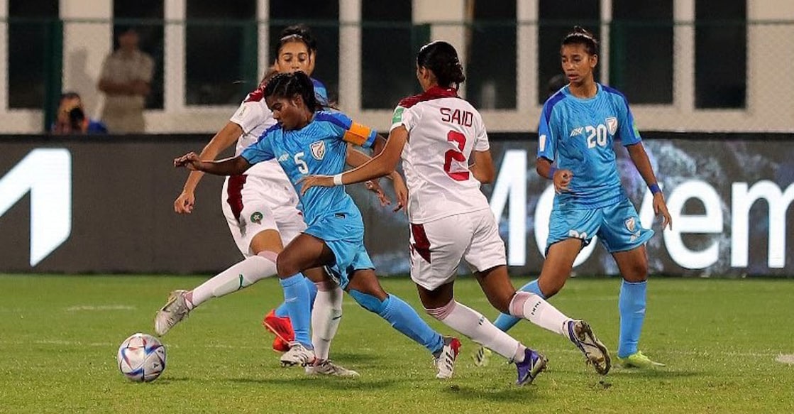 Action between India (blue) and Morocco in the FIFA U-17 Women's World Cup in Bhubaneswar on Friday. Photo: Twitter/ @IndianFootball