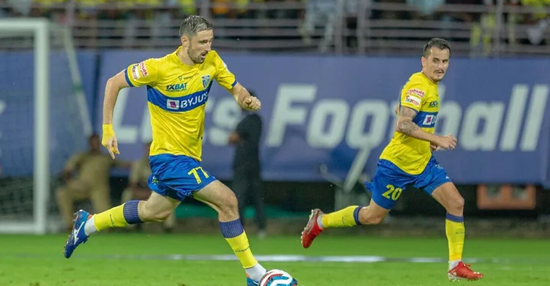 Ivan Kaliuzhnyi (left) and Adrian Luna were Kerala Blasters' goalscorers in the season opener against East Bengal in Kochi on October 7. Photo: ISL