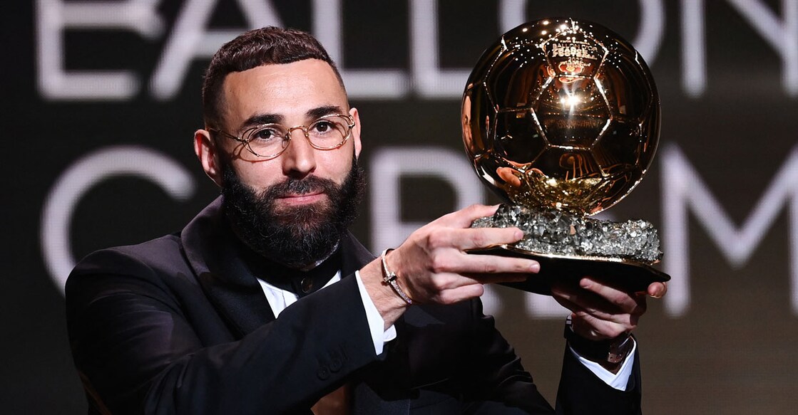Real Madrid's French forward Karim Benzema receives the Ballon d'Or award during the 2022 Ballon d'Or France Football award ceremony at the Theatre du Chatelet in Paris on Tuesday. Photo: AFP/ Franck Fife