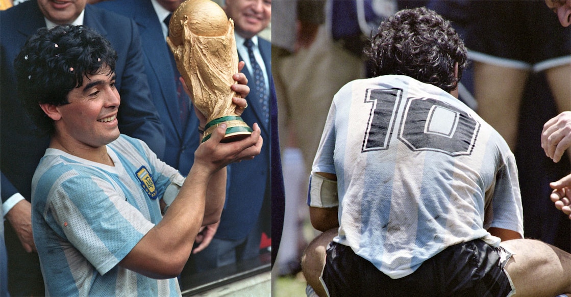 Diego Maradona lifts the World Cup in 1986 (left). Maradona in action during the final match of the 1986 FIFA World Cup against Germany. Photos: AFP