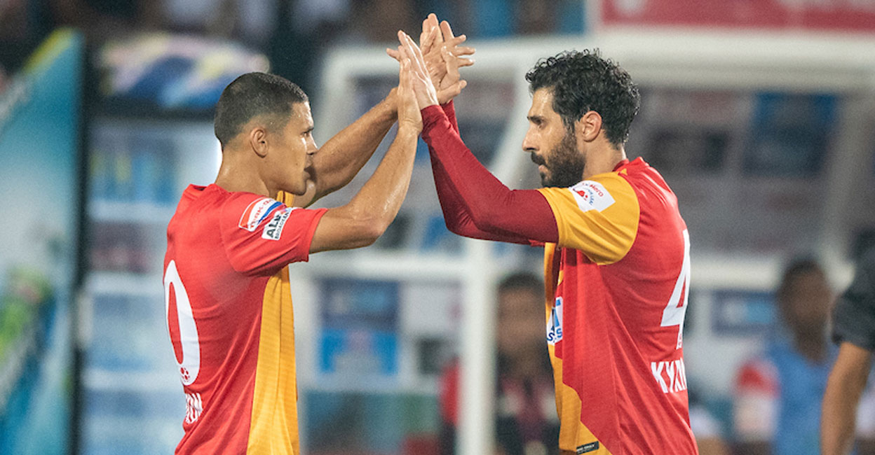 east bengal East Bengal's Cleiton Silva (left) and Charis Kyriakou scored in their 3-1 win over NEUFC. Photo: ISL