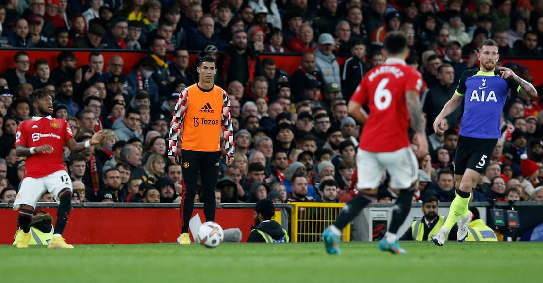 Manchester United's Cristiano Ronaldo warms up as a substitute against Tottenham Hotspur. Photo: Reuters/ Craig Brough
