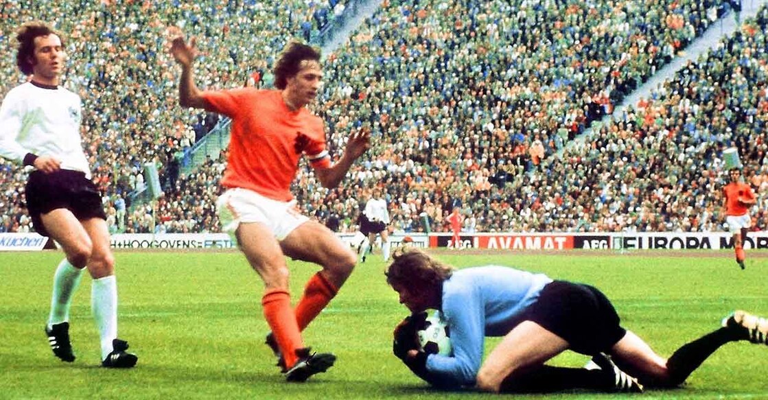 West German goalkeeper Sepp Maier thwarts Johan Cruyff in the 1974 World Cup final as Franz Beckenbauer looks on. File photo: AFP 