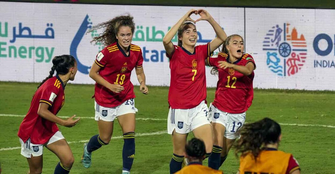 Spanish players celebrate their goal against Germany during the FIFA U-17 Women’s Semi-Final match played at Jawaharlal Nehru Stadium in Margaon, Wednesday, Oct. 26, 2022. | Photo: PTI Photo/Shashank Parade