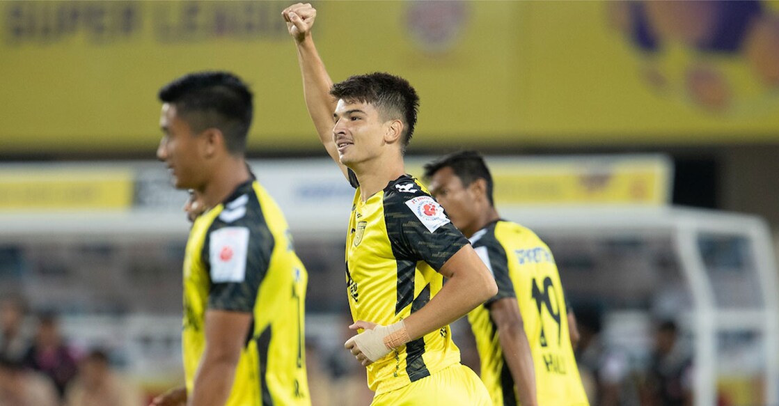 Javier Siverio celebrates his winner for Hyderabad FC against FC Goa. Photo: ISL