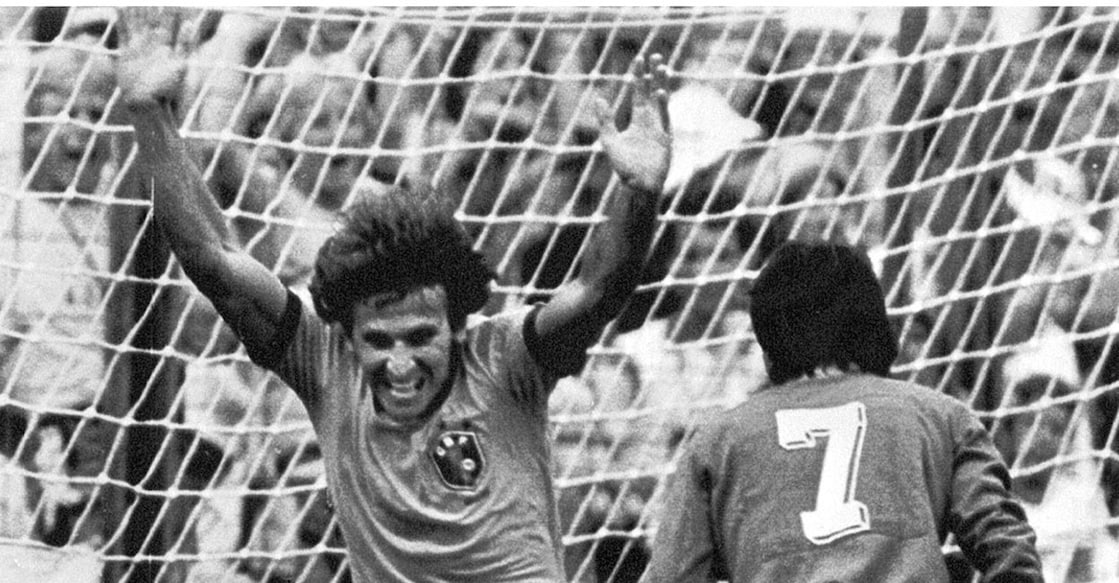 Zico exluts after scoring a goal against Argentina in the 1982 World Cup. File photo: AFP