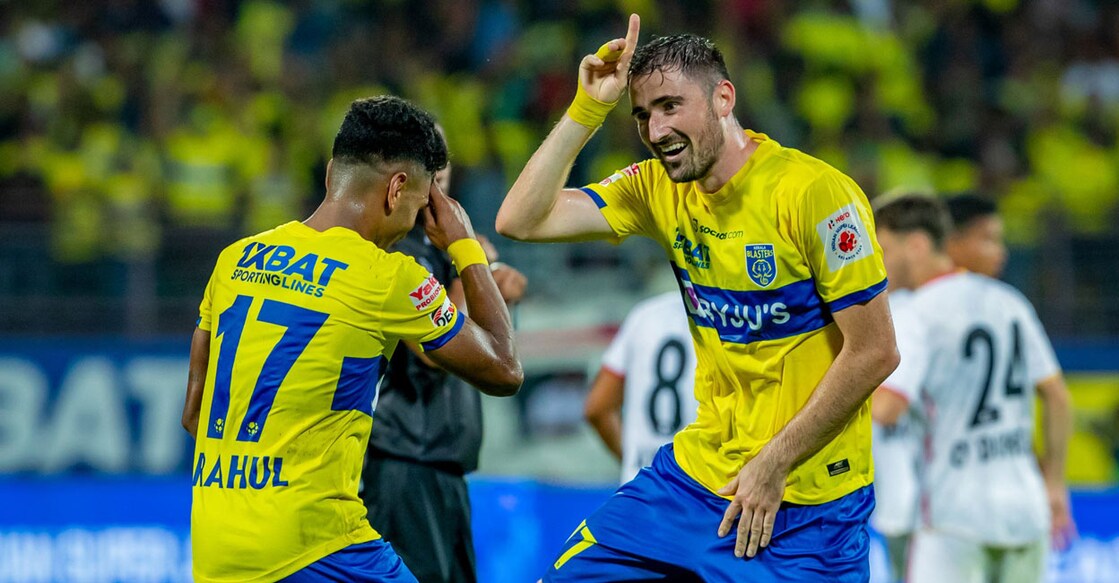 Ivan Kalyuzhnyi, right, celebrates with Rahul K P after scoring one of his two goals. Photo: Twitter@KeralaBlasters