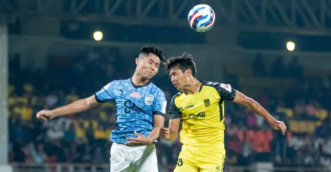 Action between Mumbai City (blue) and Hyderabad FC in the ISL in Pune on Sunday. Photo: ISL