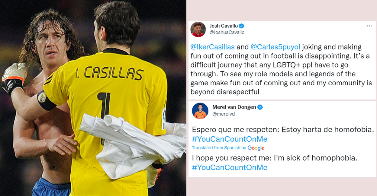 File photo of Carles Puyol and Iker Casillas (left) and tweets from Josh Cavallo and Merel van Dongen criticising them. 