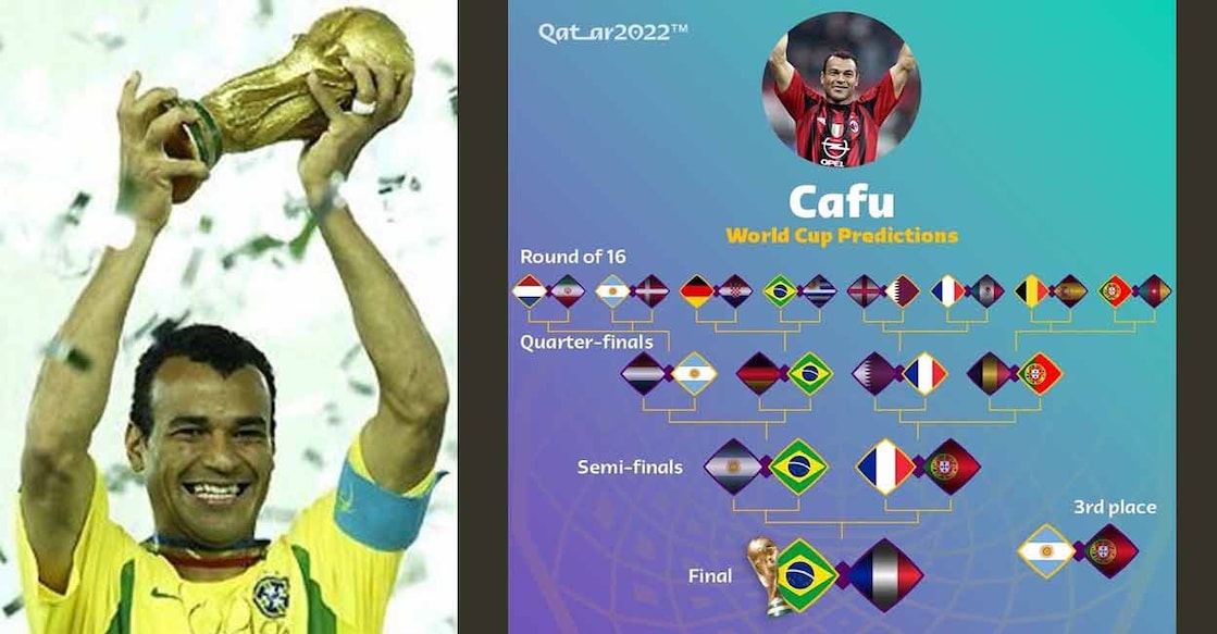 Brazil captain Cafu holding the Fifa World Cup in 2002 (left). Cafu's prediction. 