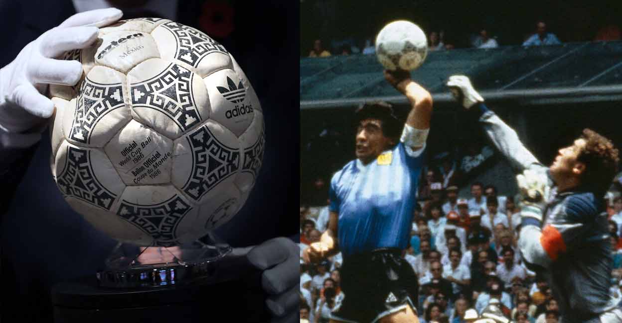 Hand of God The 'Hand of God' ball. Diego Maradona scoring the controversial goal against England in the quarterfinal of 1986 World Cup.