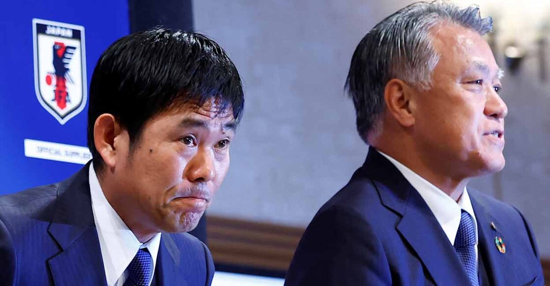 Japanese national team's head coach Hajime Moriyasu and Japan Football Association President Kozo Tashima at a press conference to name the squad for the 2022 Qatar World Cup, in Tokyo on Tuesday. Photo: Reuters/ Kim Kyung-Hoon