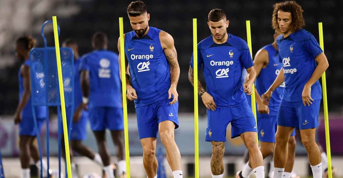 France's Olivier Giroud with Matteo Guendouzi and teammates during training session in Doha on Saturday. Photo: Reuters/Annegret Hilse