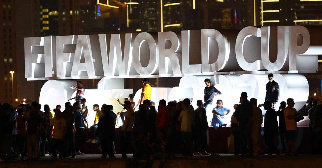 The FIFA World Cup logo pictured on the Corniche Promenade. Photo: Reuters/Fabrizio Bensch