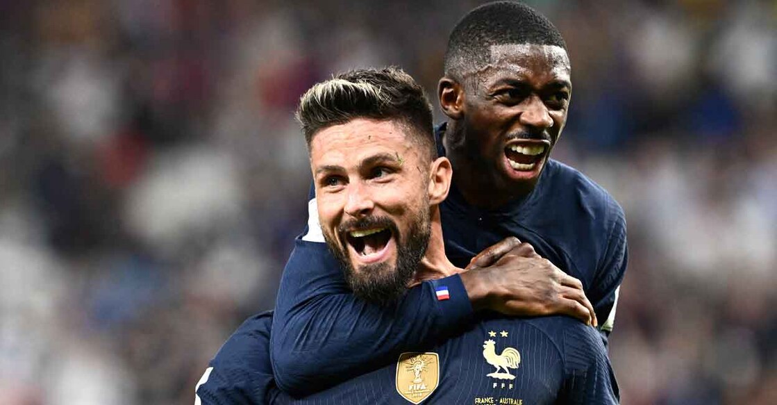 Olivier Giroud, left, celebrates with Ousmane Dembele after scoring France's second goal. Photo: AFP/Jewel Samad