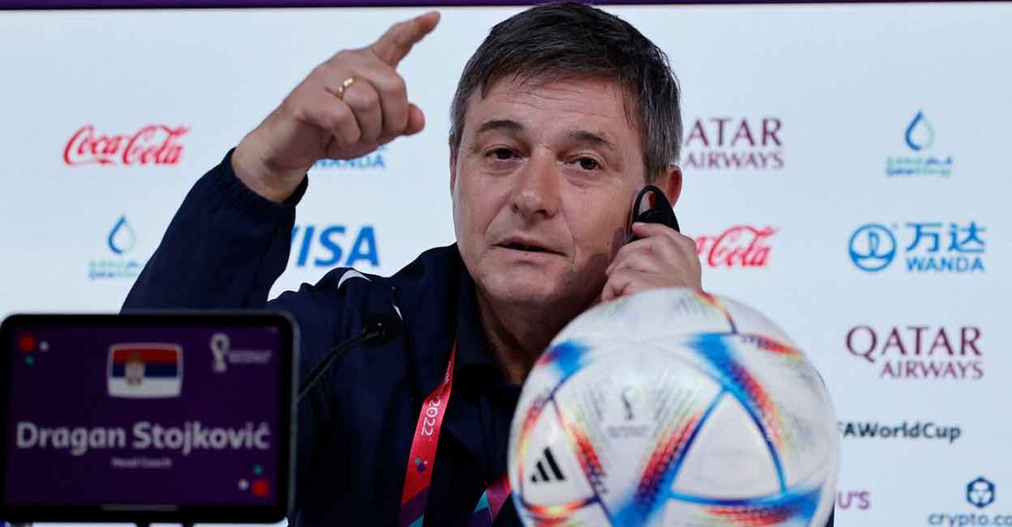 Serbia coach Dragan Stojkovic during the press conference. Photo: Reuters/Suhaib Salem