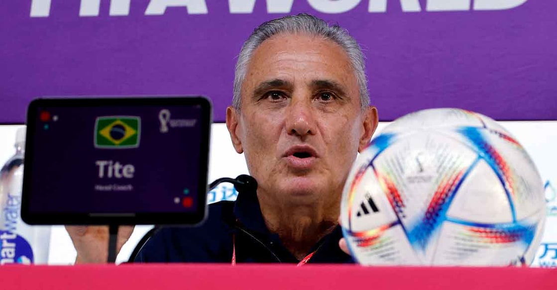 Brazil coach Tite during the press conference. Photo: Reuters/Suhaib Salem