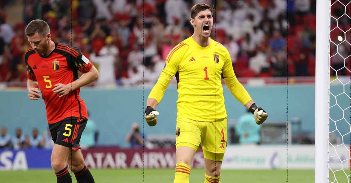 Belgium goalkeeper Thibaut Courtois celebrates saving a penalty from Canada's Alphonos Davies. Photo: Twitter/ @FIFAWorldCup