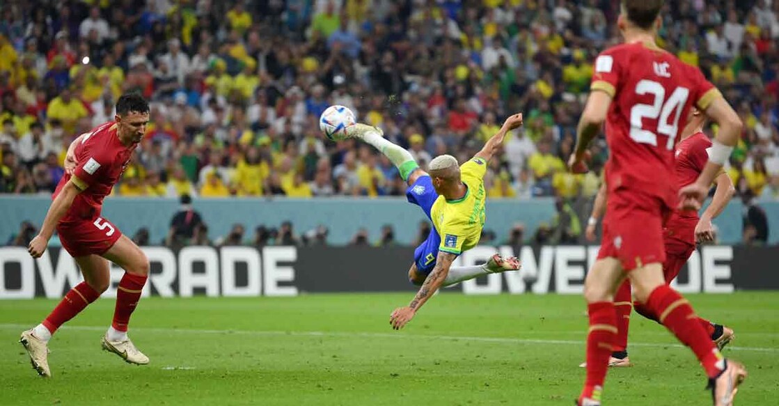 Brazil's Richarlison fires the ball into the back of the net with an acrobatic shot. Photo: Twitter/FIFA World Cup