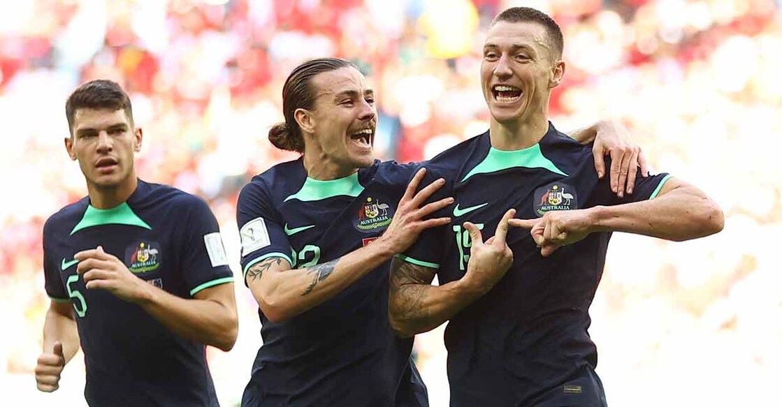 Mitchell Duke Australia's Mitchell Duke, right, celebrates scoring the goal first goal teammates. Photo: Reuters/Hannah Mckay