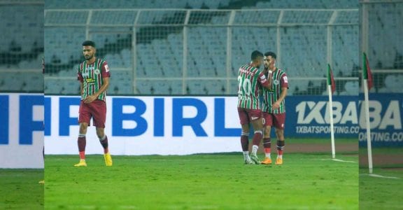 ATKMB's Hugo Boumous celebrates after scoring the goal to give the mariners the lead against HFC (ISL) ATKMB's Hugo Boumous celebrates after scoring the goal to give the mariners the lead against HFC (ISL)