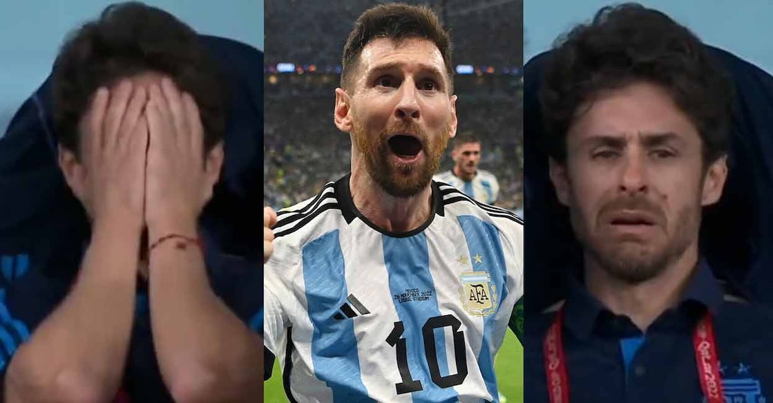Pablo Aimar struggled to control his emotions when Messi (centre) scored against Mexico in the World Cup. 
